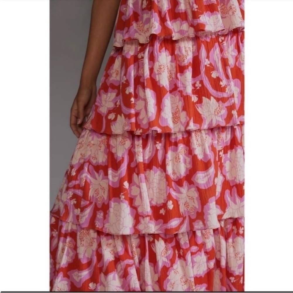 Anthropologie Vineet Bahl Red Floral Tiered Ruffle Cutout Maxi Dress 14 NWT - Picture 4 of 10